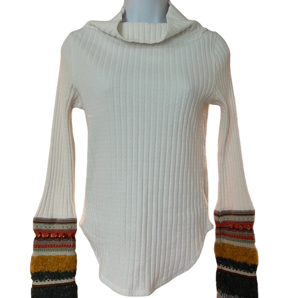Free People Mock Neck Long Sleeve Ribbed Knit Sweater size Med, white/fall color
